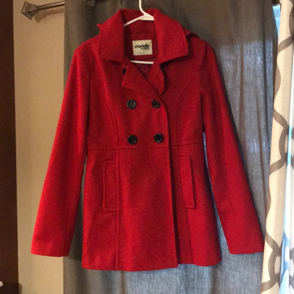 Red hooded pea coat